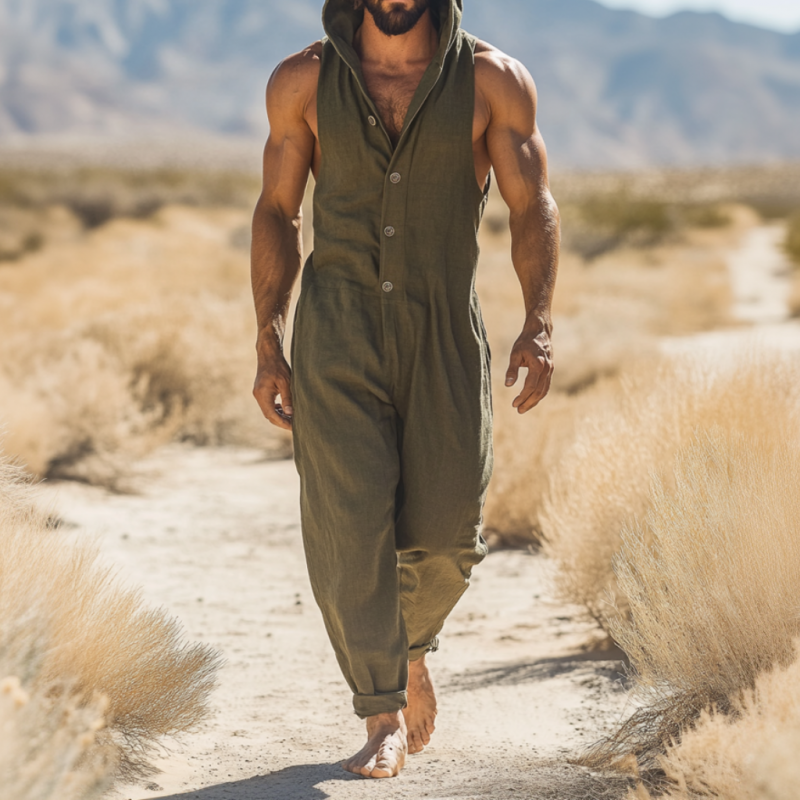 Men's Casual Breathable Cotton Linen Hooded Single-Breasted Sleeveless Loose Jumpsuit MTA2515D5M