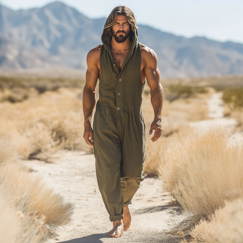 Men's Casual Breathable Cotton Linen Hooded Single-Breasted Sleeveless Loose Jumpsuit MTA2515D5M