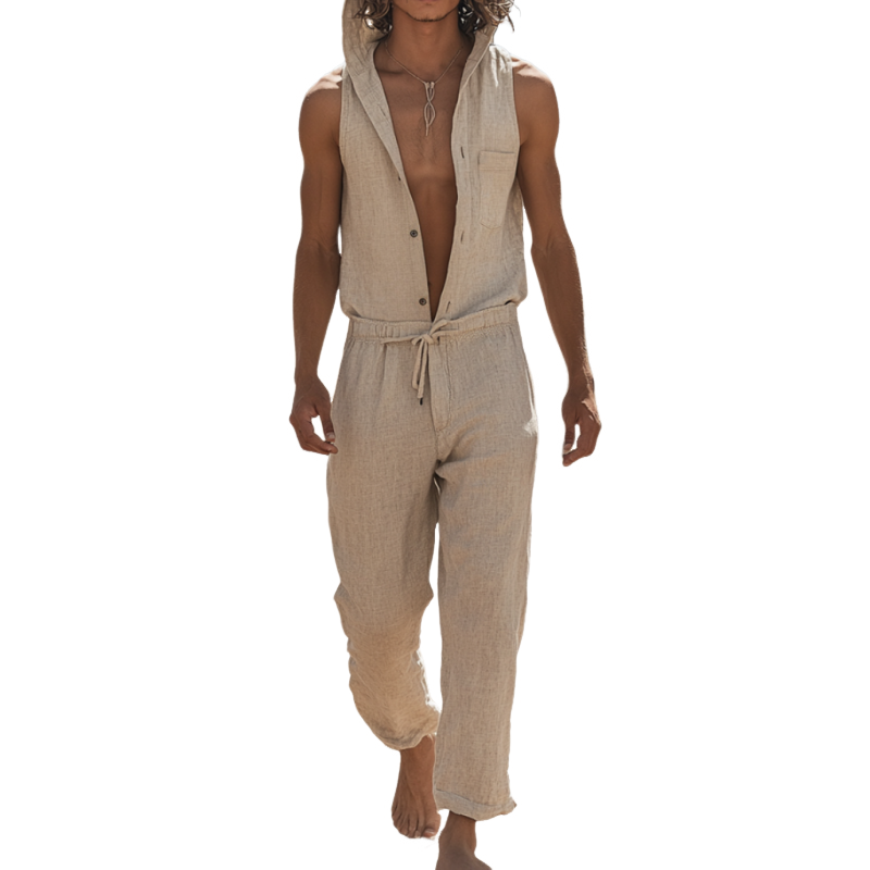 Men's Casual Breathable Cotton Linen Hooded Single-Breasted Sleeveless Slim Fit Jumpsuit MTA2592D3M