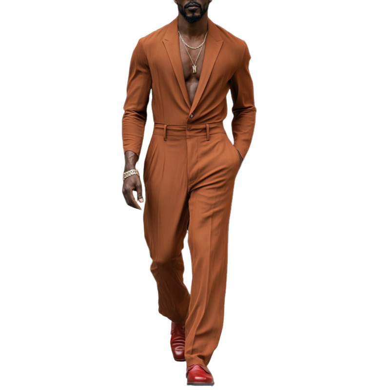Men's Casual Breathable Cotton Linen Peaked Lapel Long Sleeve Slim Fit Jumpsuit MTA2566D1M