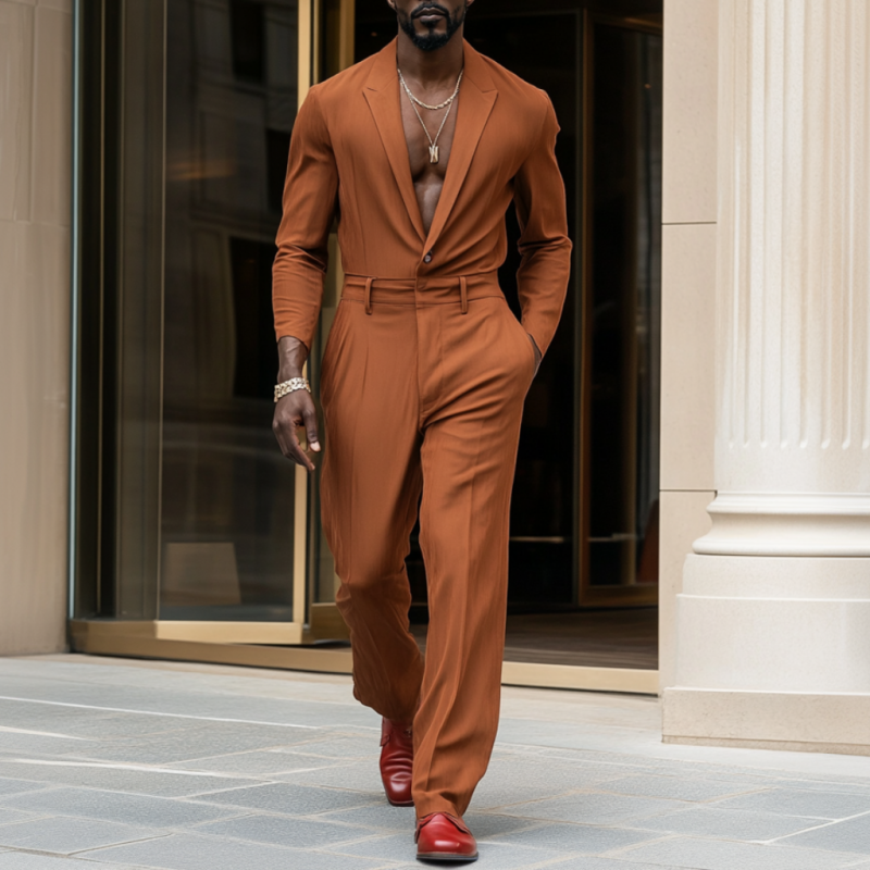 Men's Casual Breathable Cotton Linen Peaked Lapel Long Sleeve Slim Fit Jumpsuit MTA2566D1M