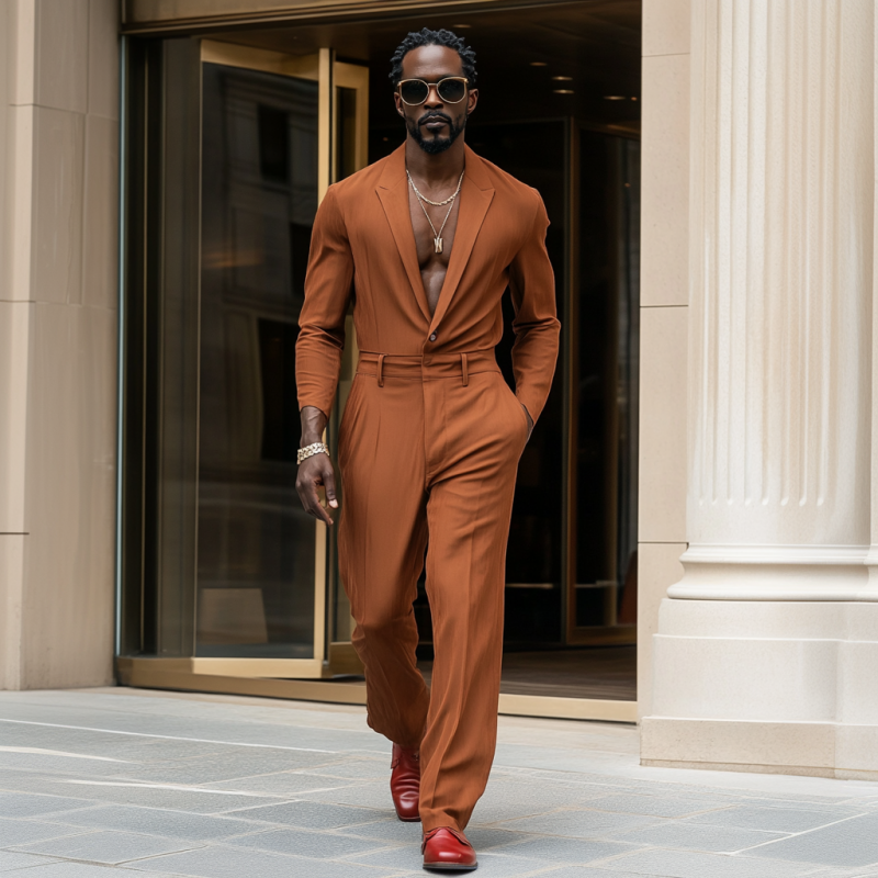 Men's Casual Breathable Cotton Linen Peaked Lapel Long Sleeve Slim Fit Jumpsuit MTA2566D1M