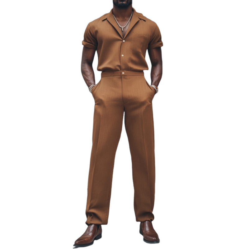Men's Casual Breathable Cotton Linen Lapel Patch Pocket Short Sleeve Slim Fit Jumpsuit MTA2517D4M