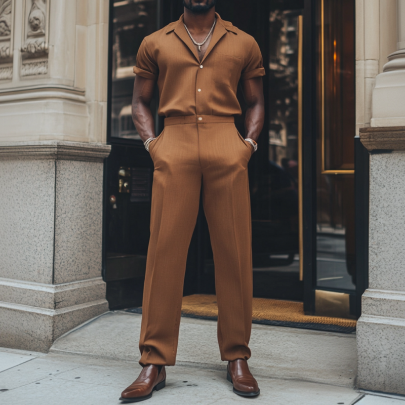 Men's Casual Breathable Cotton Linen Lapel Patch Pocket Short Sleeve Slim Fit Jumpsuit MTA2517D4M