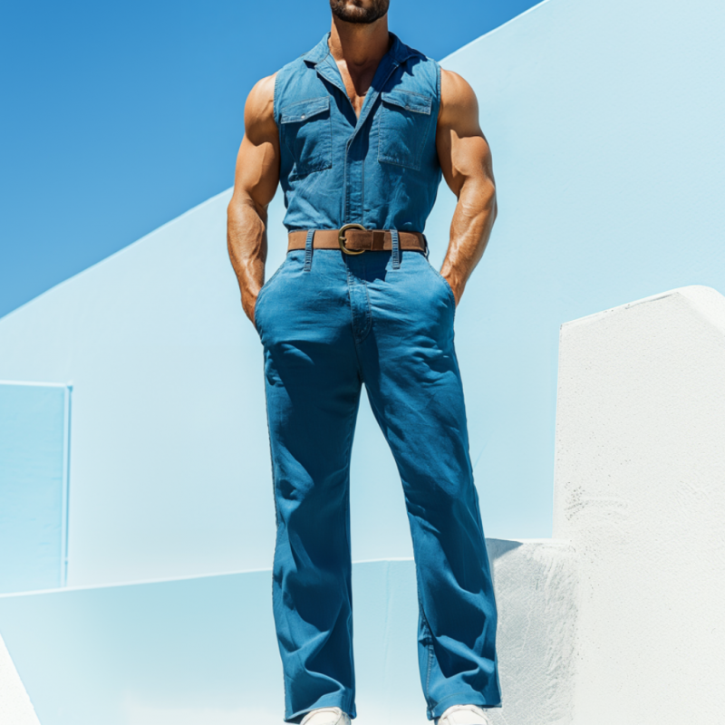 Men's Casual Washed Cotton Lapel Flap Pocket Sleeveless Slim Fit Jumpsuit (Belt Excluded) MTA2550D3M