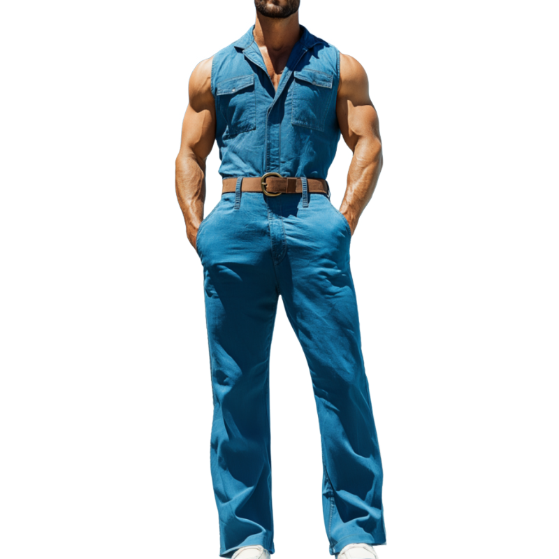 Men's Casual Washed Cotton Lapel Flap Pocket Sleeveless Slim Fit Jumpsuit (Belt Excluded) MTA2550D3M