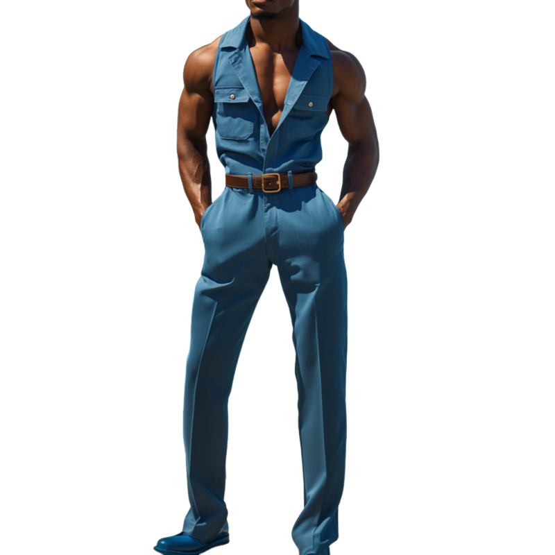 Men's Casual Cotton Blend Lapel Flap Pocket Sleeveless Slim Fit Jumpsuit (Belt Excluded) MTA2562D3M