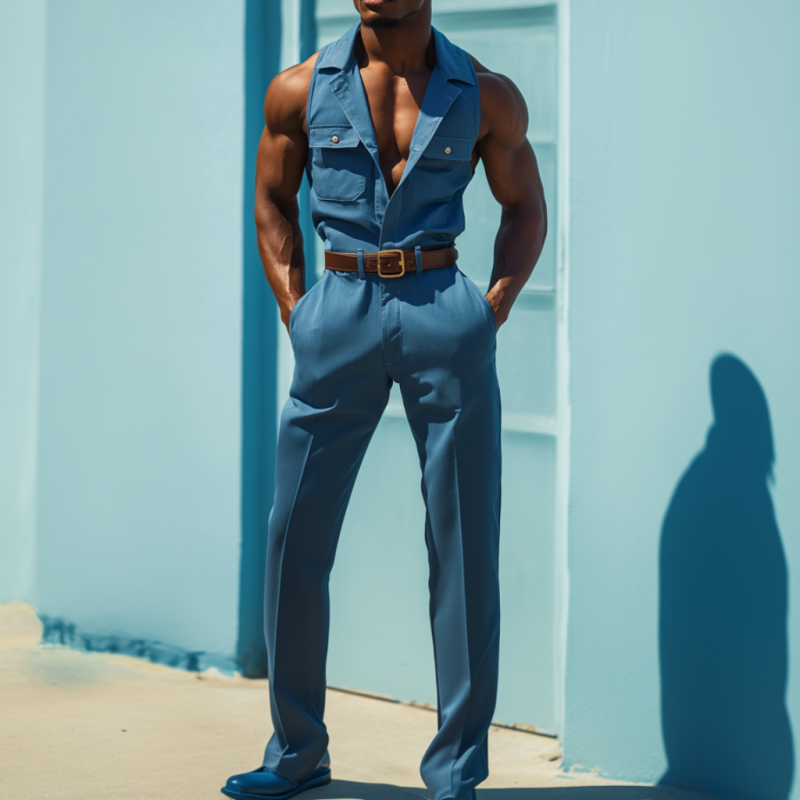 Men's Casual Cotton Blend Lapel Flap Pocket Sleeveless Slim Fit Jumpsuit (Belt Excluded) MTA2562D3M