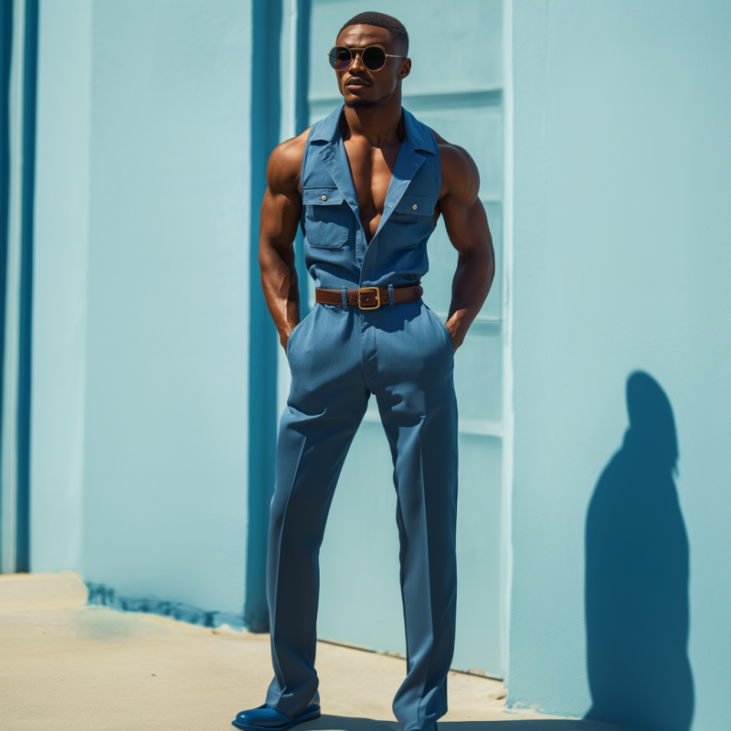 Men's Casual Cotton Blend Lapel Flap Pocket Sleeveless Slim Fit Jumpsuit (Belt Excluded) MTA2562D3M