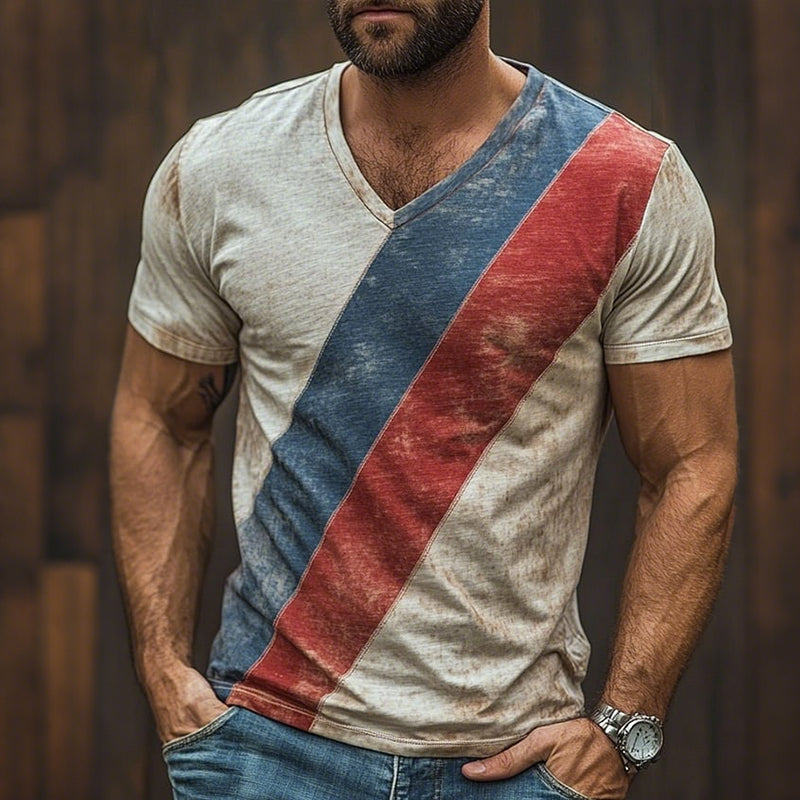 Men's Retro Casual Shabby Striped Printed V-Neck Short Sleeve T-Shirt MTA2503D0TO