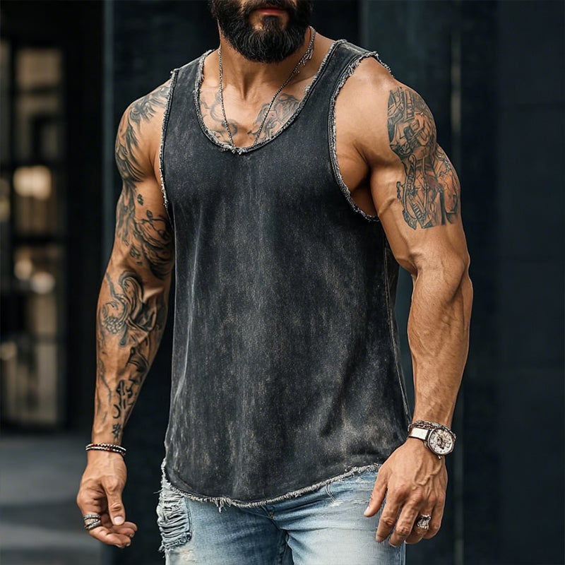 Men's Retro Casual Washed Distressed Denim Round Neck Tank Top MTA2585D8TO
