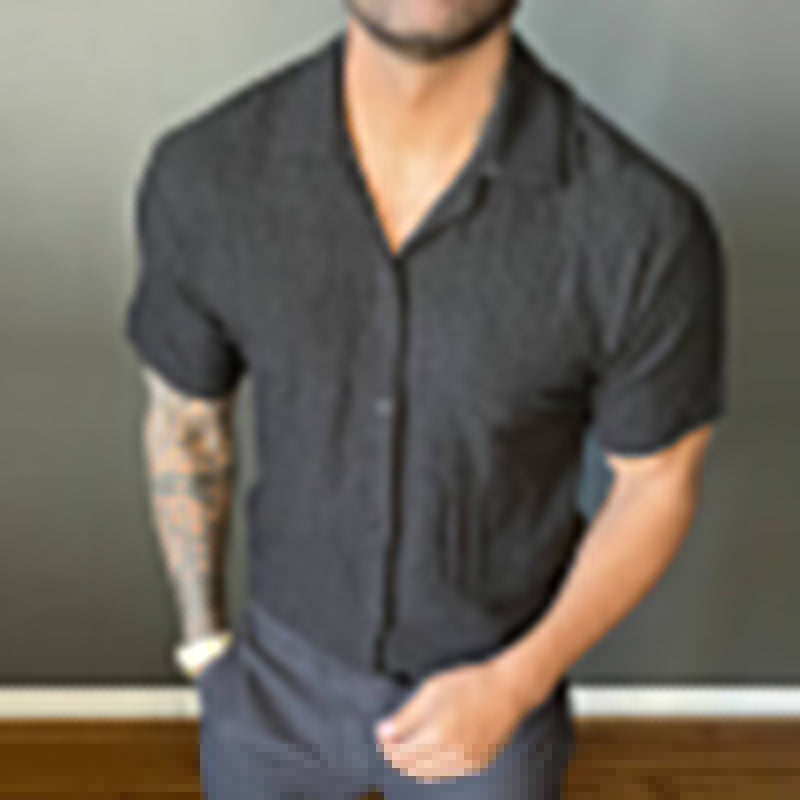Men's Retro Casual Pleated Solid Color Lapel Short Sleeve Shirt MTA2588D3TO