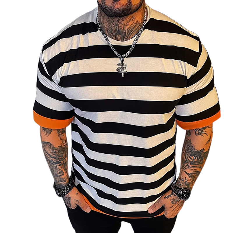 Men's Retro Casual Striped Round Neck Short Sleeve T-Shirt MTA2551D1TO