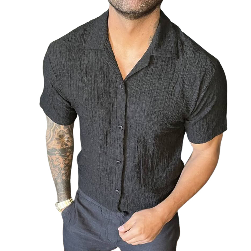 Men's Retro Casual Pleated Solid Color Lapel Short Sleeve Shirt MTA2588D3TO