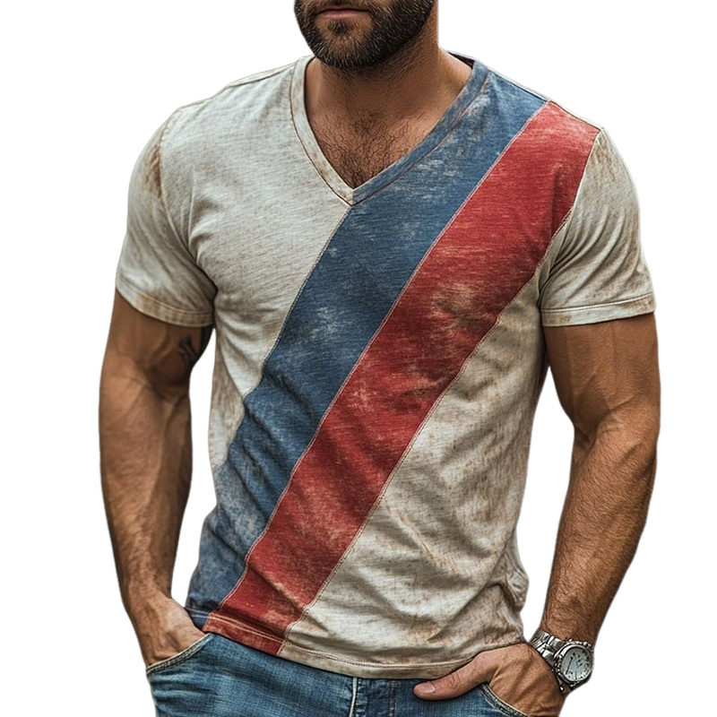 Men's Retro Casual Shabby Striped Printed V-Neck Short Sleeve T-Shirt MTA2503D0TO