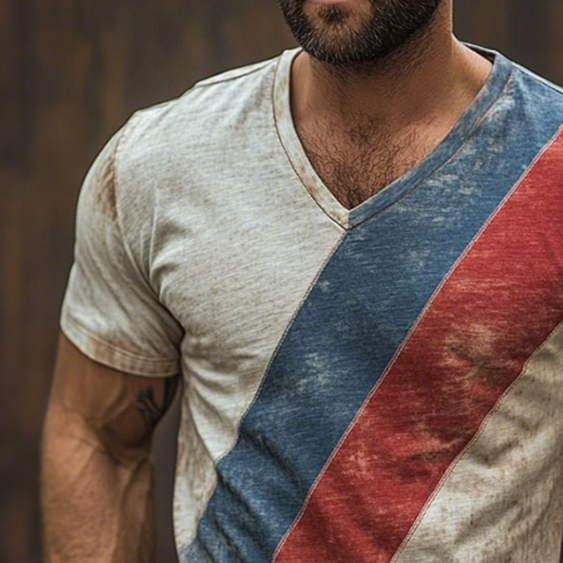Men's Retro Casual Shabby Striped Printed V-Neck Short Sleeve T-Shirt MTA2503D0TO