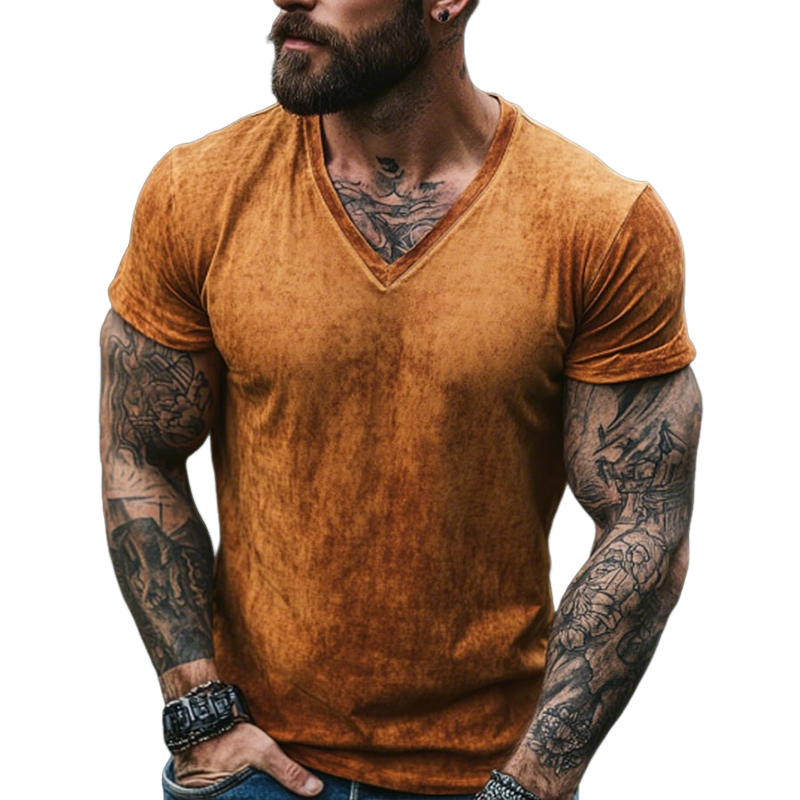 Men's Retro Casual Shabby Printed V-Neck Short Sleeve T-Shirt MTA2555D1TO