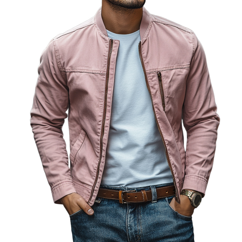 Men's Casual Cotton Washed Stand Collar Zipper Placket Slim Fit Baseball Jacket MTA2557D3M