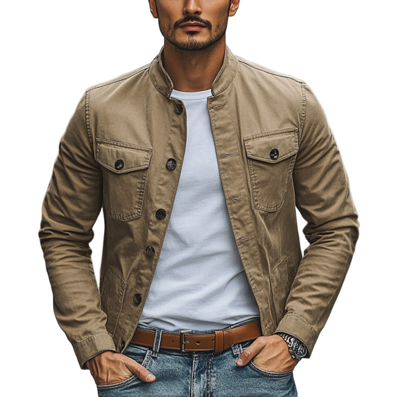 Men's Casual Cotton Washed Stand Collar Single Breasted Slim Fit Jacket MTA2502D7M