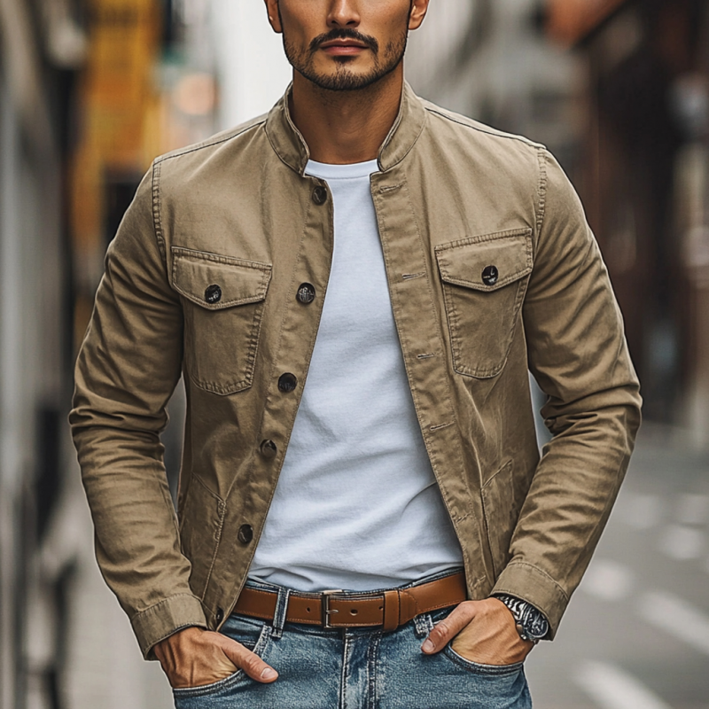 Men's Casual Cotton Washed Stand Collar Single Breasted Slim Fit Jacket MTA2502D7M