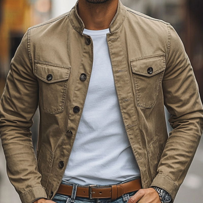 Men's Casual Cotton Washed Stand Collar Single Breasted Slim Fit Jacket MTA2502D7M