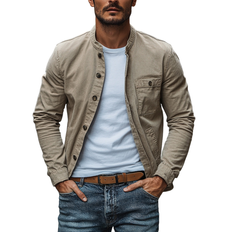 Men's Casual Cotton Washed Stand Collar Single Breasted Slim Fit Jacket MTA2579D8M