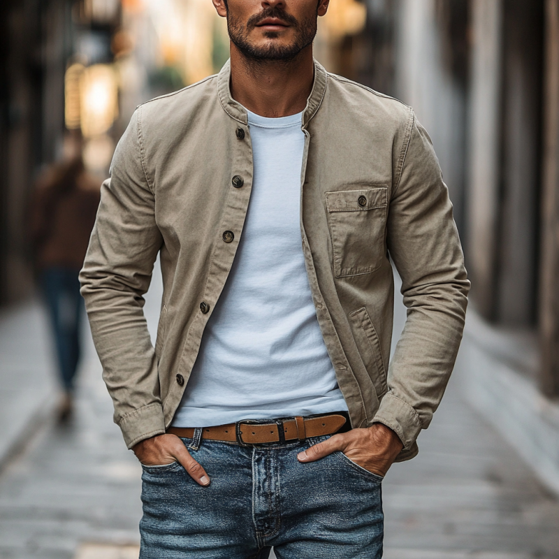 Men's Casual Cotton Washed Stand Collar Single Breasted Slim Fit Jacket MTA2579D8M