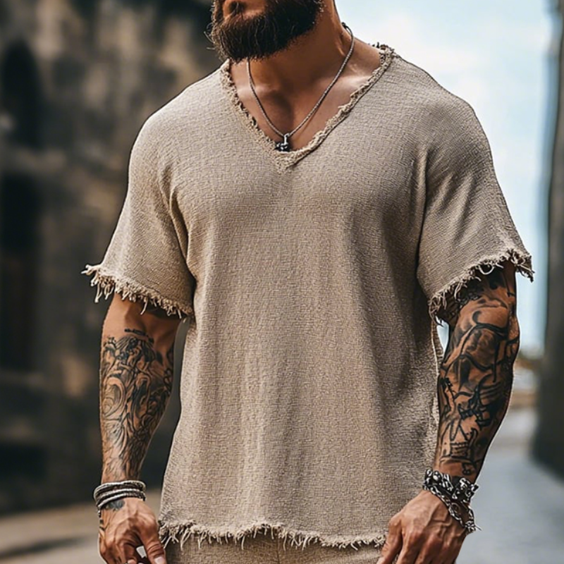 Men's Retro Casual Ripped V-Neck Short Sleeve T-Shirt Shorts Two-Piece Set MTA2558D2TO