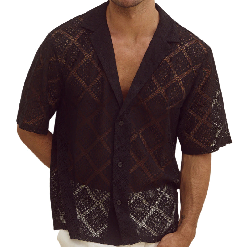 Men's Vacation Solid Lace Short Sleeve Shirt MTA2719D9X