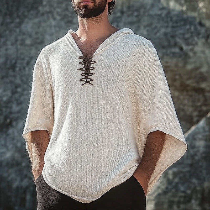 Men's Summer Textured Lace-Up Batwing Sleeve Hoodie MTA2722D3U