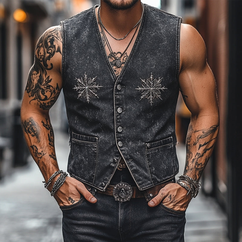 Men's Vintage V-Neck Denim Embroidered Vest MTA2754D5X