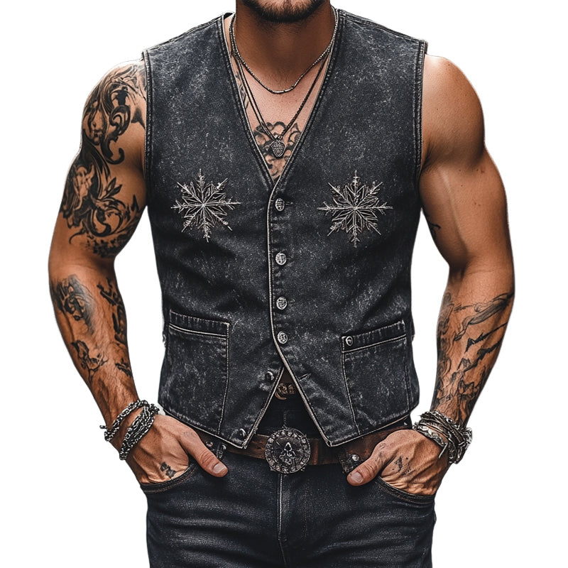 Men's Vintage V-Neck Denim Embroidered Vest MTA2754D5X