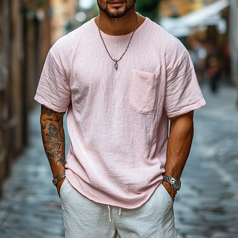 Men's Solid Color Round Neck Pocket Short Sleeve T-Shirt MTA2797D2X