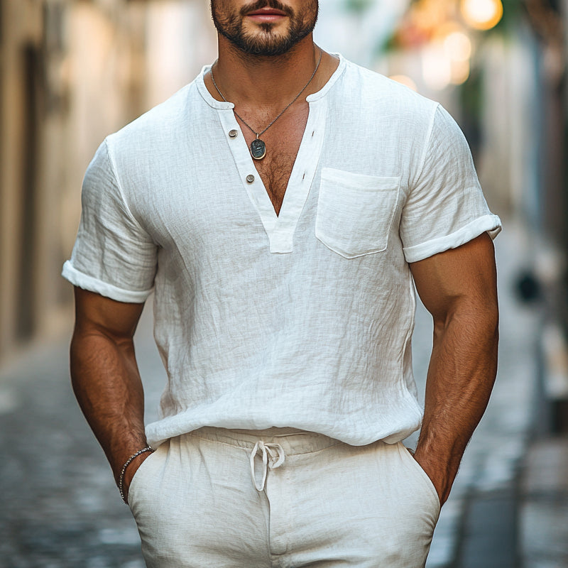 Men's Cotton and Linen V-Neck Pullover Short Sleeve T-Shirt MTA2780D4X