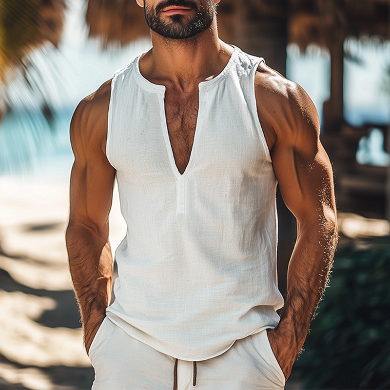 Men's summer fashion casual deep V-neck cotton and linen slim Tank Top MTA2704D1K