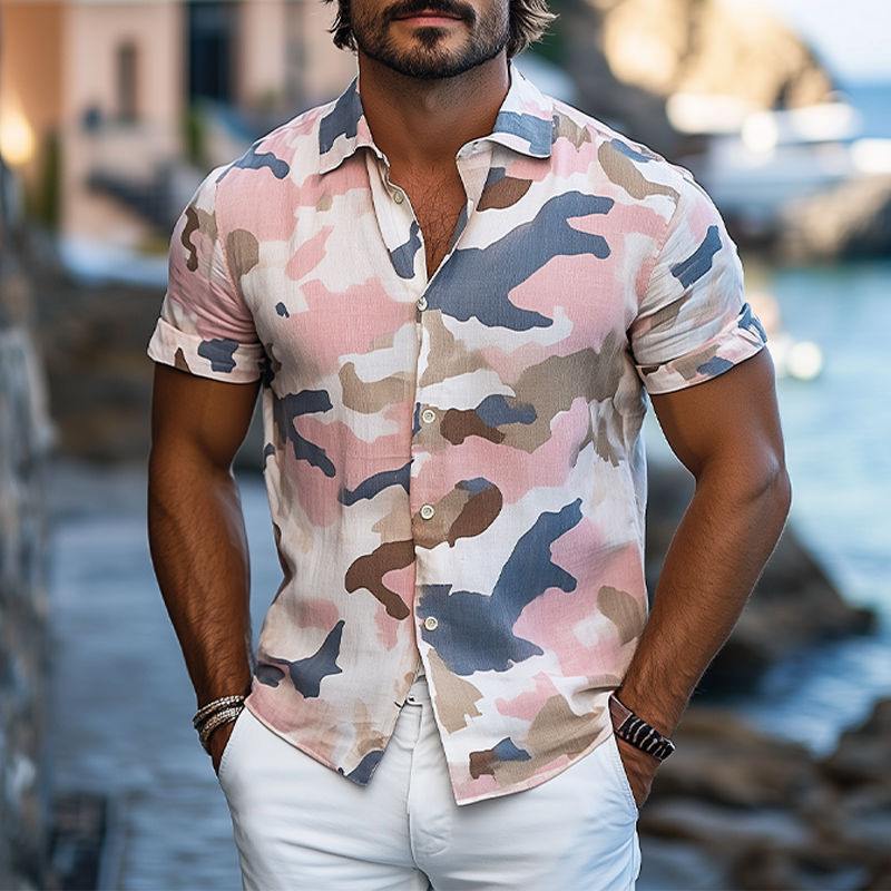 Men's Summer Fashion Casual Cotton and Linen Camouflage Print Short-sleeved Shirt MTA2709D3K