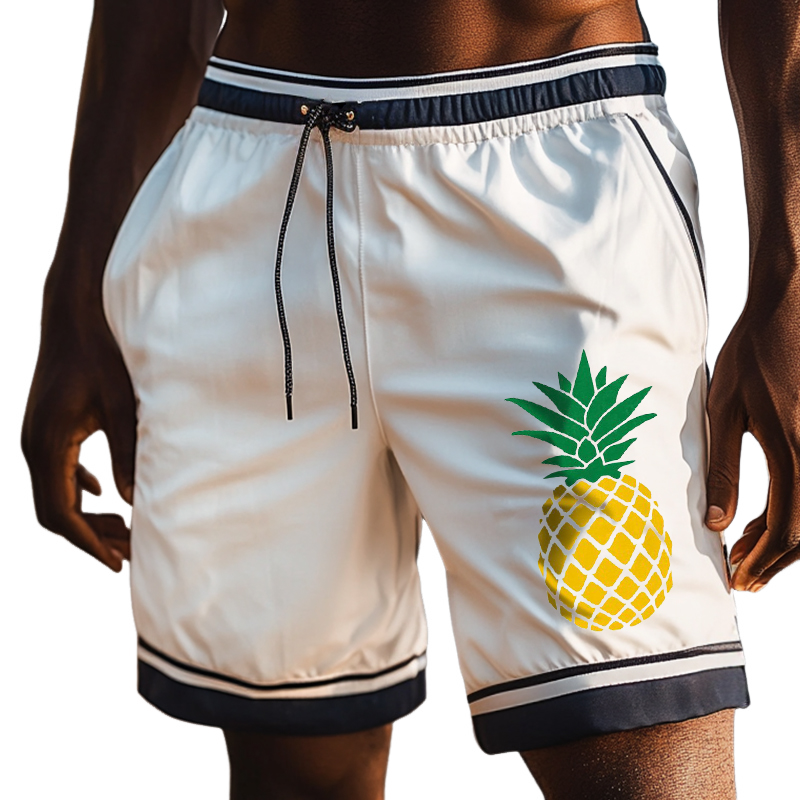 Men's Retro Casual Hawaiian Pineapple Print Beach Drawstring Shorts MTA2595D3TO