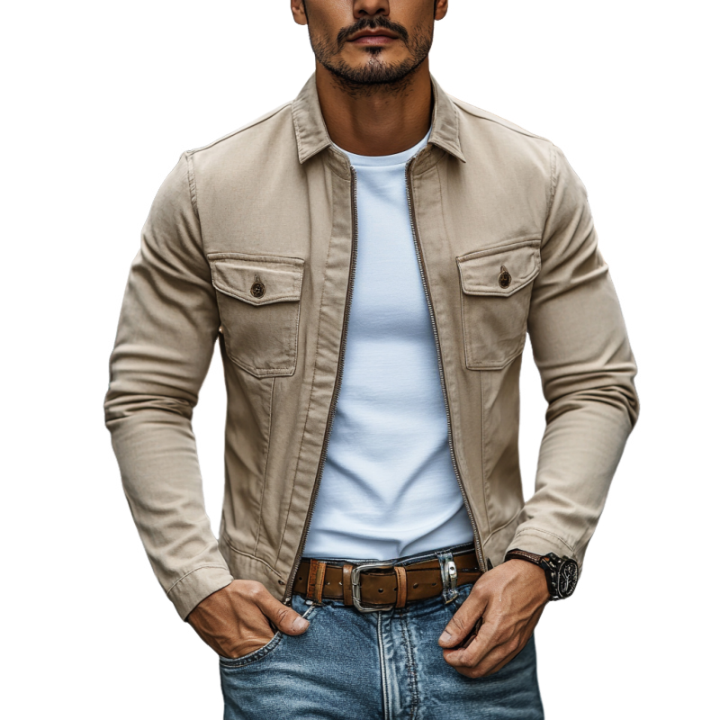 Men's Casual Premium Cotton Washed Lapel Zipper Slim Fit Cargo Jacket MTA2512D5M