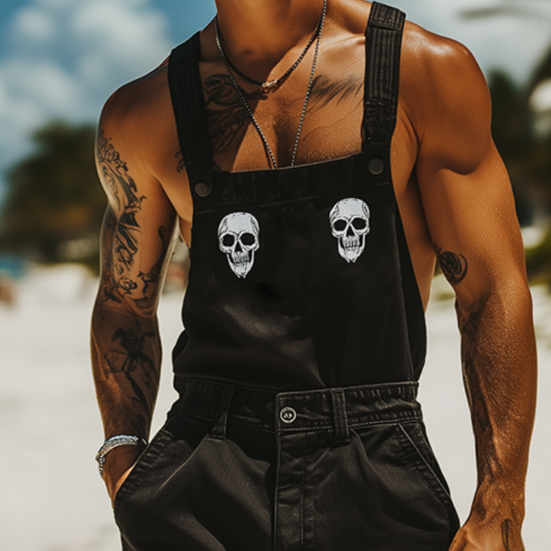 Menns Retro Casual Skull Print Denim Bib Shorts MTA2500D0TO