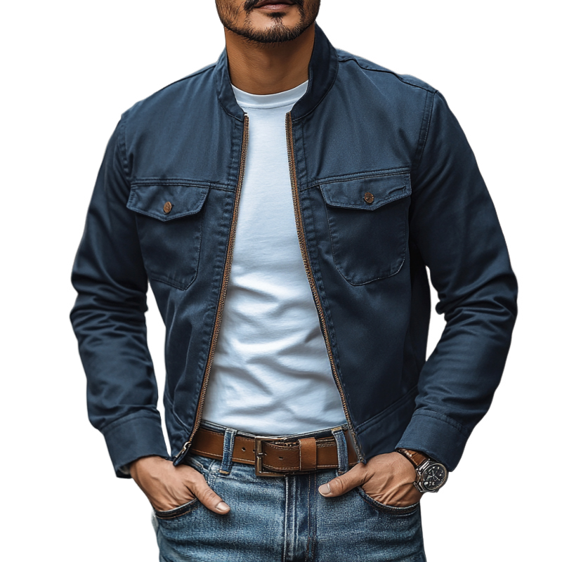 Men's Casual Premium Cotton Washed Stand Collar Zipper Slim Fit Bomber Jacket MTA2536D7M