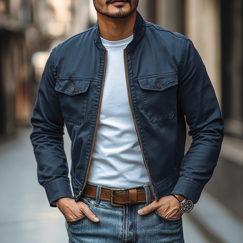Men's Casual Premium Cotton Washed Stand Collar Zipper Slim Fit Bomber Jacket MTA2536D7M