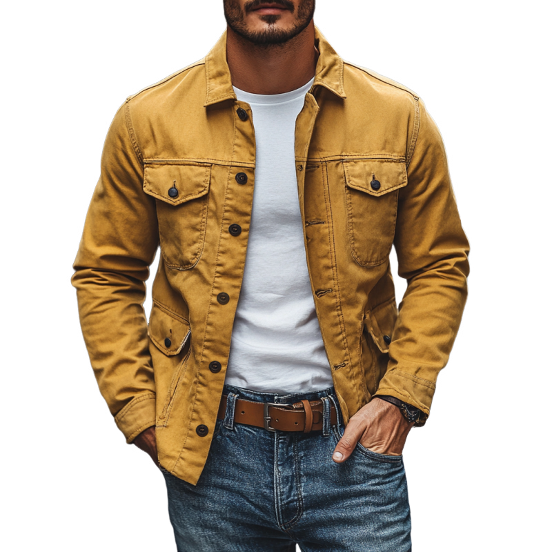 Men's Casual Premium Cotton Washed Lapel Multi-Pocket Single Breasted Work Jacket MTA2562D8M