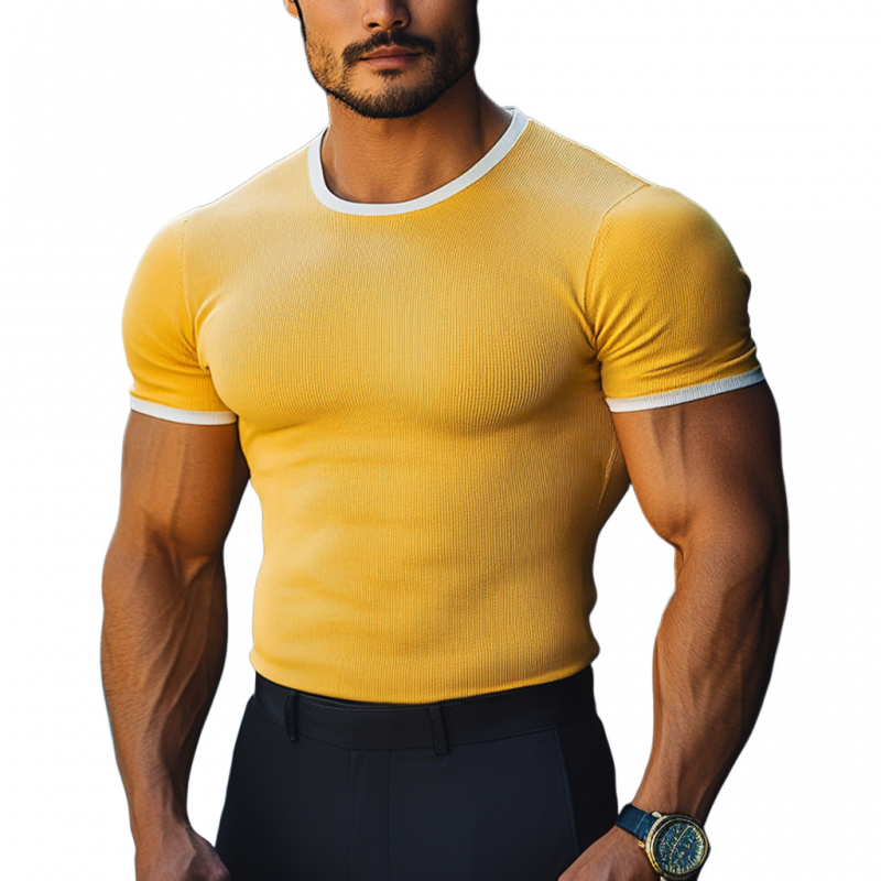 Men's Casual Colorblock Elastic Stripe Round Neck Slim Fit Short Sleeve T-shirt MTA2794D5M