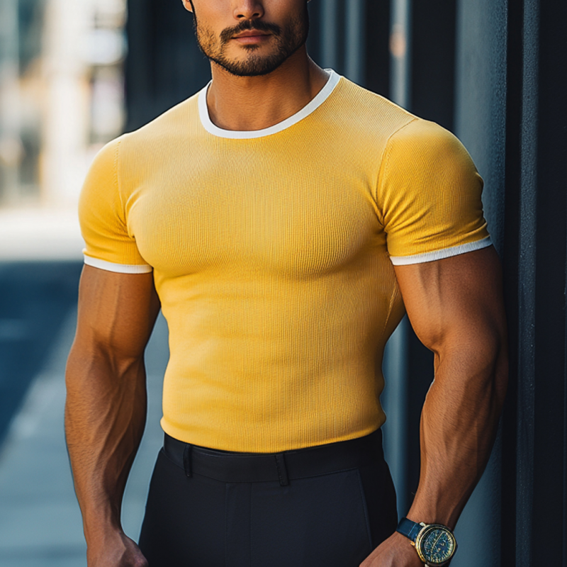 Men's Casual Colorblock Elastic Stripe Round Neck Slim Fit Short Sleeve T-shirt MTA2794D5M
