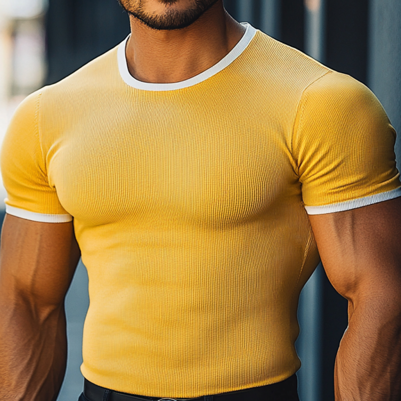 Men's Casual Colorblock Elastic Stripe Round Neck Slim Fit Short Sleeve T-shirt MTA2794D5M