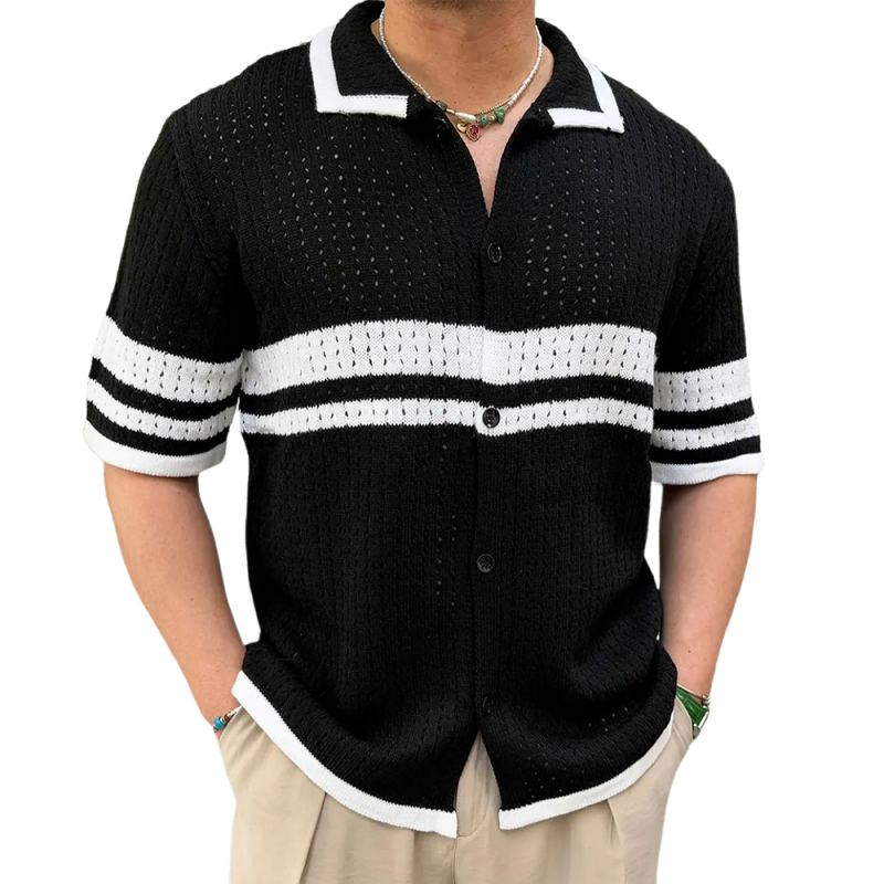 Men's Casual Color Block Striped Lapel Single Breasted Slim Fit Knitted Short Sleeve Shirt MTA2758D3M