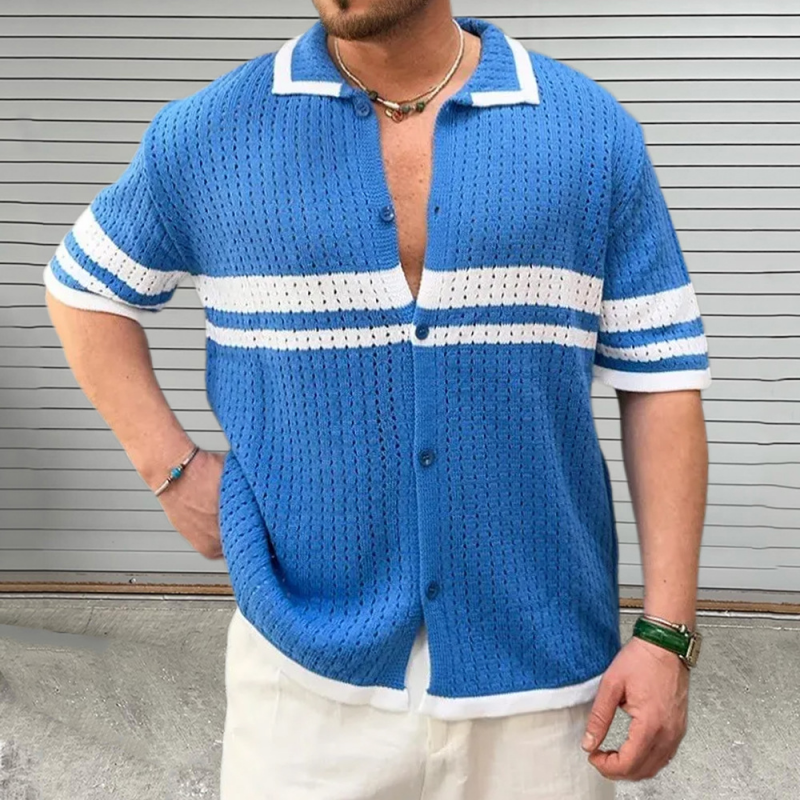 Men's Casual Color Block Striped Lapel Single Breasted Slim Fit Knitted Short Sleeve Shirt MTA2758D3M