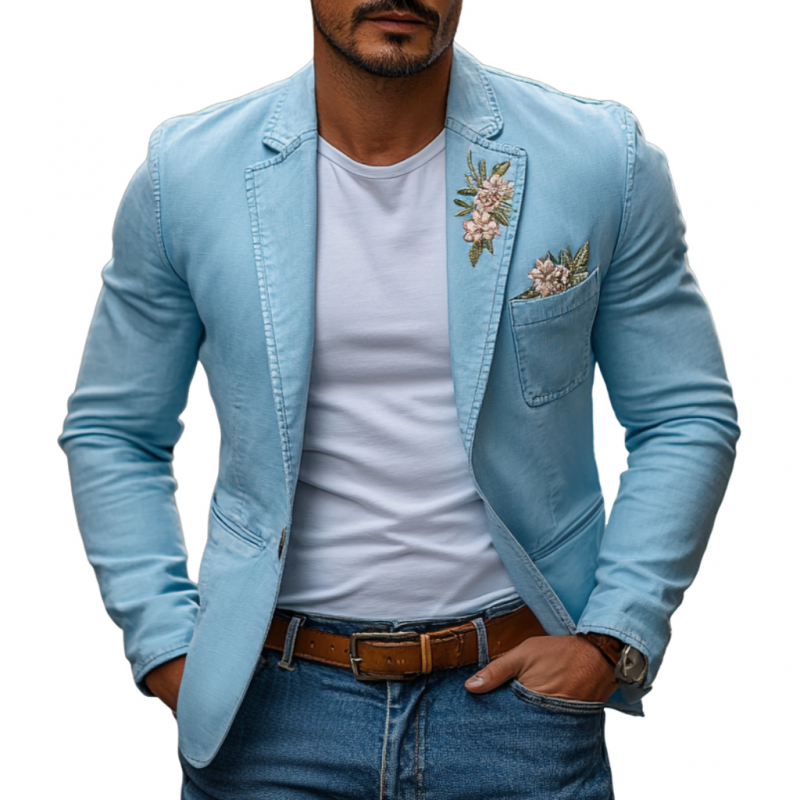 Men's Casual Cotton Washed Distressed Notch Lapel Flower Embroidery Slim Fit Blazer MTA2774D8M