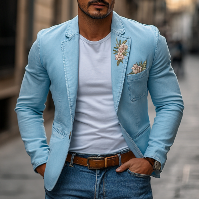 Men's Casual Cotton Washed Distressed Notch Lapel Flower Embroidery Slim Fit Blazer MTA2774D8M