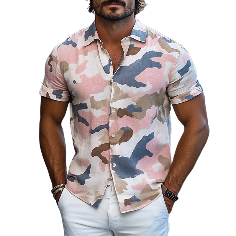 Men's Summer Fashion Casual Cotton and Linen Camouflage Print Short-sleeved Shirt MTA2709D3K